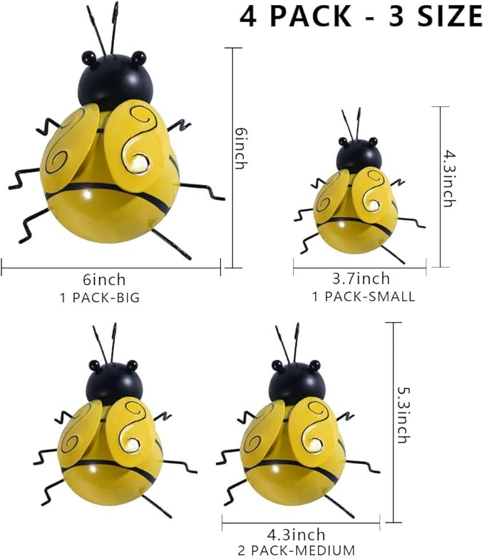 OBTANIM 4 Pack Cute Metal Bee Garden Wall Art Decorative Yard Hanging Decorations Outdoor Lawn Wall Sculptures
