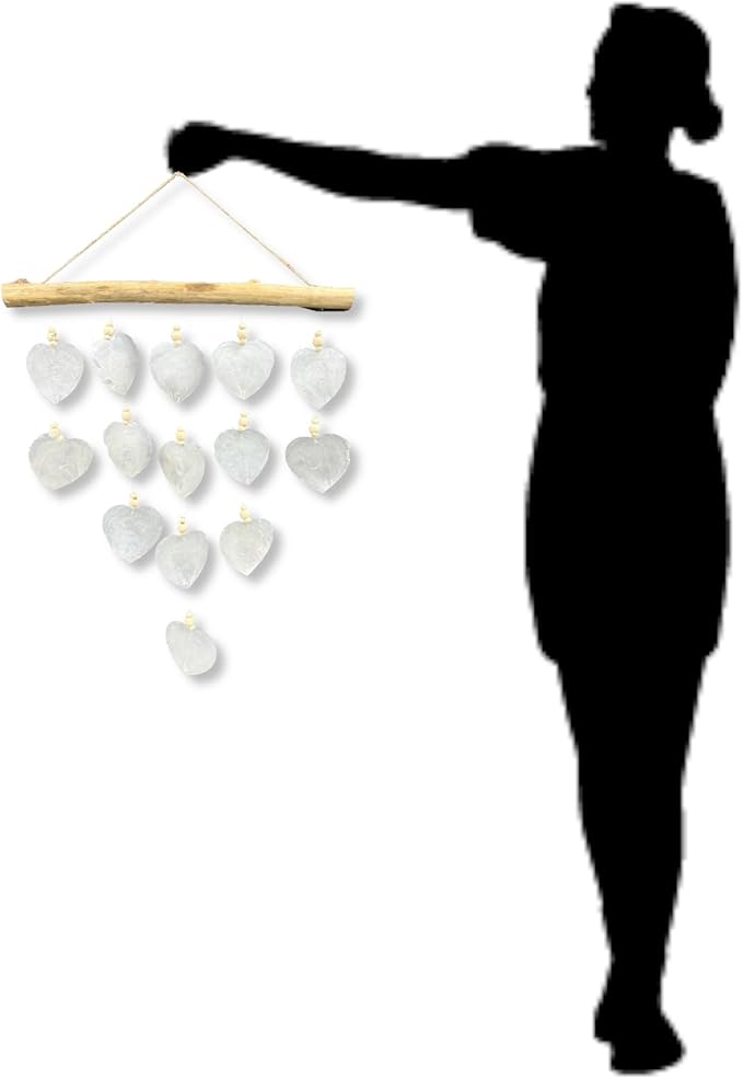 Heart Windchime - XL White Capiz Shell Driftwood Wood Bead Wind Chime Outdoor Garden Patio Decor Gift 24”