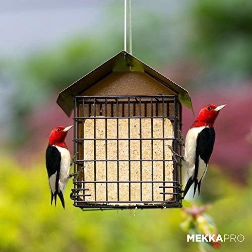 MEKKAPRO Suet Feeder for Outside Hanging Metal Roof, Woodpecker Feeder, Two Suet Bird Feeder Capacity, Cage Hanger Hanging Bird Feeder Easily Fits 2 Suet Cakes Holder - Wild Bird Feeder Basket