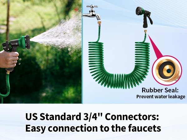 AUTOMAN Coil Garden Hose 25 ft, EVA Curly Water Hose with Brass Connectors, Recoil Garden Water Hose,Includes 7-Pattern Function Sprayer,Retractable,Corrosion Resistant Garden Coil Hose.