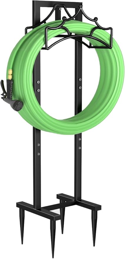 Garbuildman Garden Hose Holder With 4 Spikes, Freestanding Metal Hose Reel for Outside Garden, Detachable Water Hose Hanger Organizer for Yard Lawn, Shiny Black