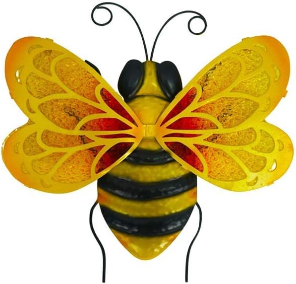 LIFFY Metal Bee Wall Decor,10" Hanging Glass Bumblebee Outdoor Decor,Decorative Garden Ornaments Outside for Home Patio Fence Yard