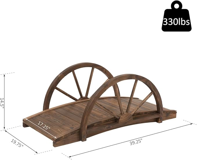 3.3ft Arched Wooden Garden Bridge with Half-Wheel Style Railings for Garden and Backyard - Solid Fir Construction, Stained Finish