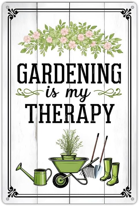 Funnysign Vintage Gardening Tin Sign – “Gardening Is My Therapy” – Floral Farmhouse Wall Art, Rustic Garden Metal Decor, Perfect for Patio, Porch, Greenhouse, or Indoor Home Display, 8×12 Inch (9820)