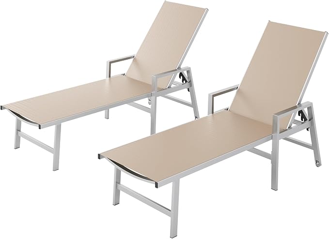 Patio Chaise Lounge Chair Outdoor with Wheels&Armrests, Aluminum Pool Lounge Chairs Set of 2 Five-Position Adjustable Recliner, Outdoor Beach Lounge Chairs for Poolside, Patio, Deck, Yard, Khaki