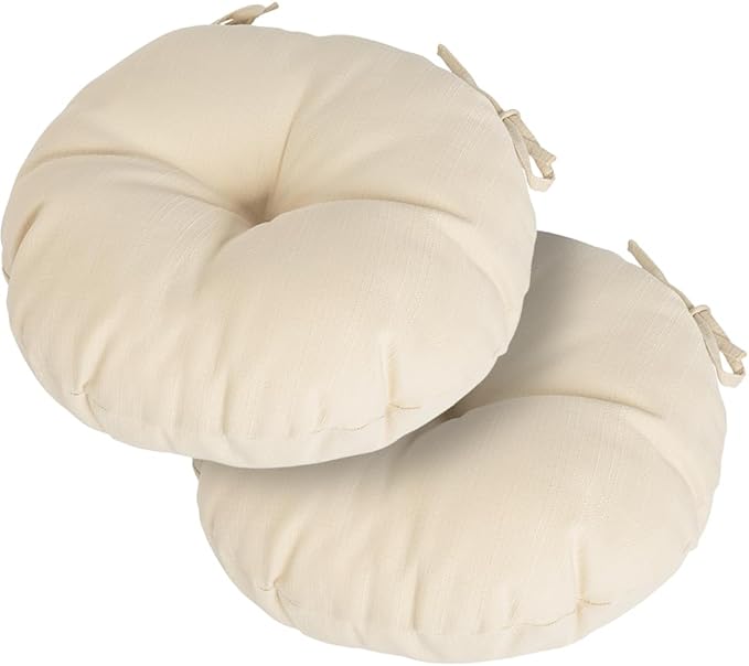 Magpie Fabrics Outdoor 15"x15"x4" Round Bistro Seat Cushions with Ties Set of 2, Tufted Waterproof Patio Floor Chair Pads for Home Garden Balcony Kitchen Office Porch, Beige