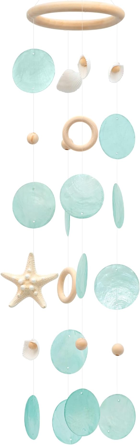 Sea Shells Wind Chimes - Handcrafted Aqua Green Capiz Shells Windchime with Starfish, Coastal Style Decor for Indoor/Outdoors, Garden Decor, Great Gift for Women, Wind Chimes Lovers and More