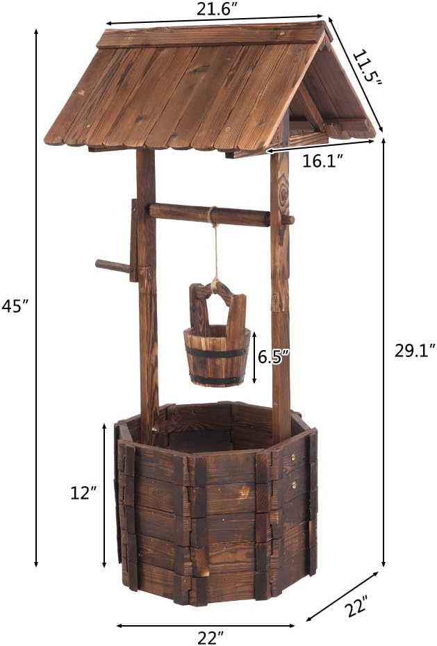 VINGLI Wooden Wishing Well and Garden Bridge Bundle for Outdoor Rustic Wedding Garden Decor Country Theme Style, Ornamental Landscaping Art Project Barrel Planter and Wooden Bridge Set for Backyard