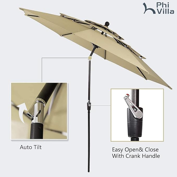 PHI VILLA 5 Piece Outdoor Dining Set with 10ft Umbrella, 37" Square Metal Dining Table & 4 Stacking Metal Chair with 3 Tier Beige Umbrella for Patio, Deck, Yard, Porch