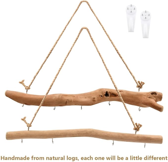 2Pcs 15.74 Inch Driftwood Decorative Branches with 5 Hooks, Rustic Wall Hanging Decor for Hanging Jewelry, Keys, Hats(COLOR:2Pcs)