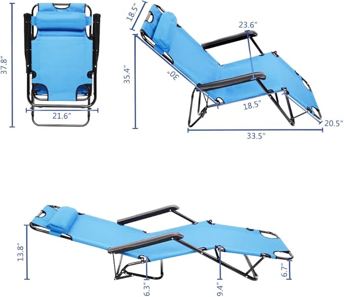 Portable Outdoor Folding Lounge Chair, Camping Chair, Reclining Chair with Pillow,Chaise Lounge for Ioor Outdoor Patio Deck Yard Beach Poolside, Blue