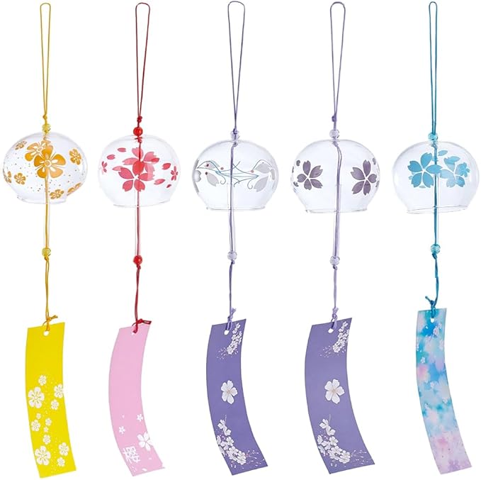 PH PandaHall 5 Colors Japanese Wind Chimes Flower Chime Vintage Style Glass Wind Bells Creative Hanging Pendants Romantic Wind Bells for Home Dector Housewarming, 20 inch Long