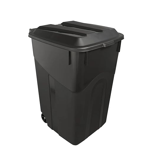 45-Gallon Heavy-Duty Wheeled Trash Can with Attached Lid, Black, Outdoor Garbage Bin