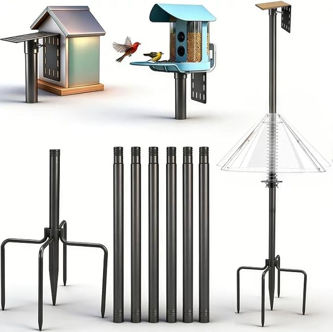Bird Feeder Pole with Squirrel Baffle 107 Inch Bird House Poles Squirrel Proof for Outdoors Heavy Duty Smart Bird Feeding Station with Stainless Steel Spring Adjustable Height Mounting Pole