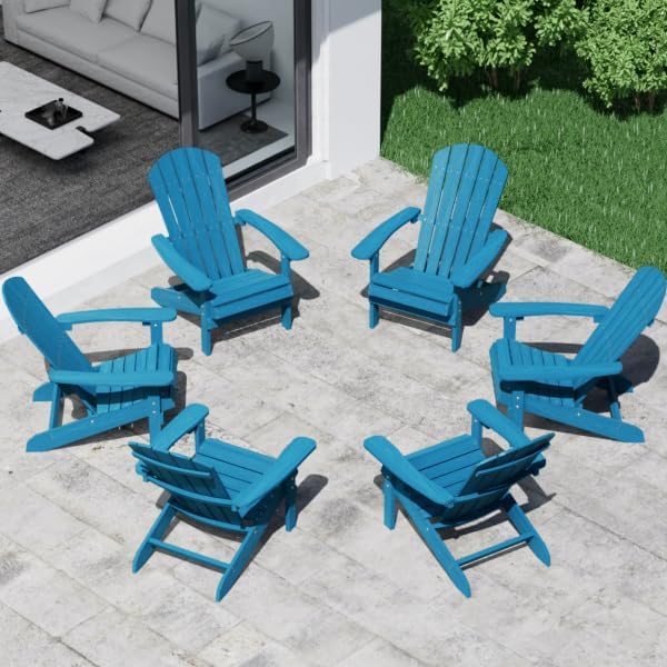 YEFU Adirondack Chairs Set of 6: Outdoor Chair HIPS Plastic Adirondack Chairs - Patio Chairs with Wood Texture - Lawn Fire Pit Deck Porch Garden Chairs for Adults(Pacific Blue)
