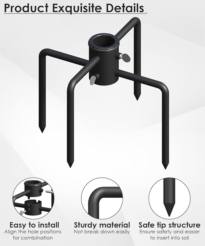 Mocomax Pole Stabilizer Stand Base Applies to 1.41" to 2.12" Shepherds Hook, Outdoor Bird Feeder Pole Stabilizer Support with 4 Prongs, Metal Holder Base for Birdhouse, Flagpole, Umbrellas, Black