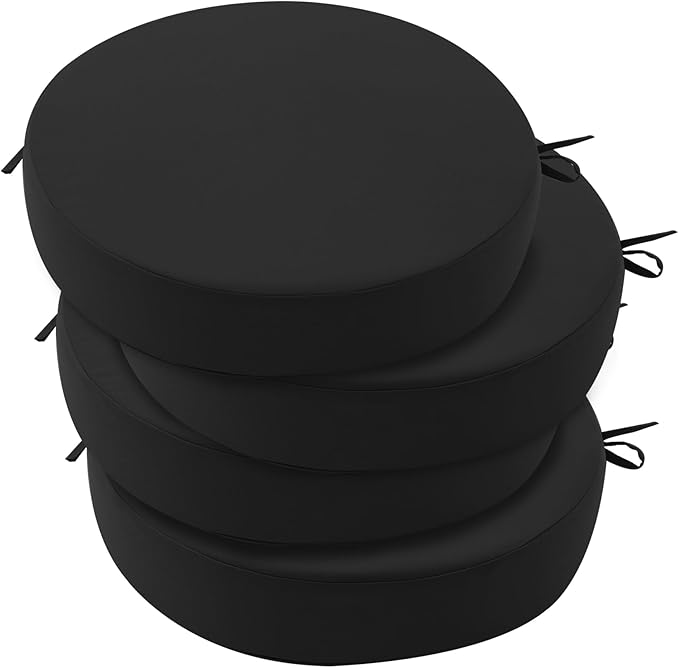 Outdoor Bistro Chair Cushions Set of 4, 15" D x 3" H Round Chair Cushions Waterproof and Fade Resistant Chair Cushion Pads with Non-Slip Ties and Removable Covers for Garden, Black