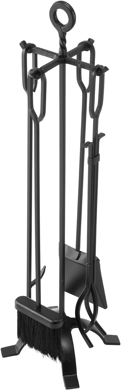 VEVOR Fireplace Tool Set, 5 PCS Fire Tool Set and Holder with Four-Prong Stand, Tongs, Ash Shovel, Brush, Fire Place Poker, Wrought Iron Fireplace Accessories for Campfire Indoor/Outdoor, Black
