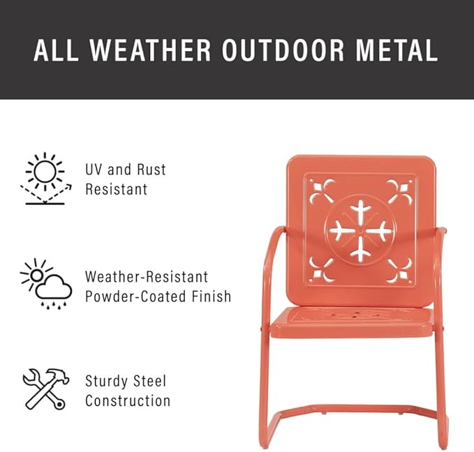 Crosley Furniture Azalea 2-Piece Outdoor Chair Set, Vintage Retro Metal Patio Chairs for Dining, Porch, Deck, Coral Gloss