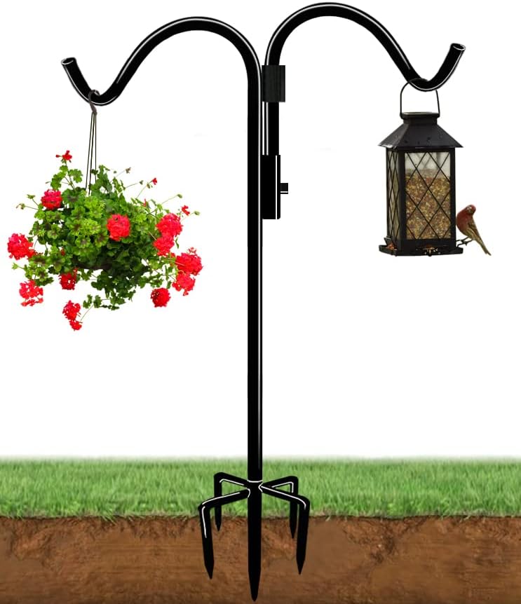 60 Inch Double Shepherds Hook for Outdoor with 5 Prong Base, Adjustable Heavy Duty Bird Feeder Pole for Hanging Flower Basket, Plant Hanger, Solar Light Lanterns, Black