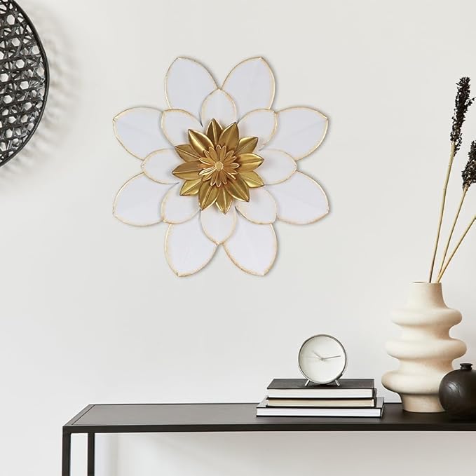 hogardeck Metal Flower Wall Decor, 16" White Gold Floral Metal Wall Art for Indoor Outdoor, Boho Farmhouse Modern Wall Decor for Bathroom, Living Room, Kitchen, Bedroom, Porch, Garden, Yard