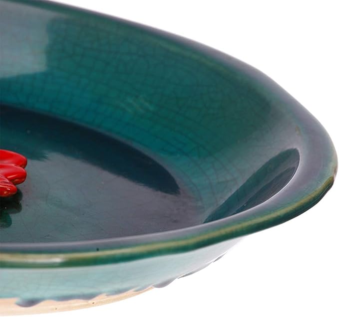 Topadorn Birdbath Ceramic Bowl Decor for Bee Bird Bath Outdoor Garden Vintage Yard ,Blue with Red Flower