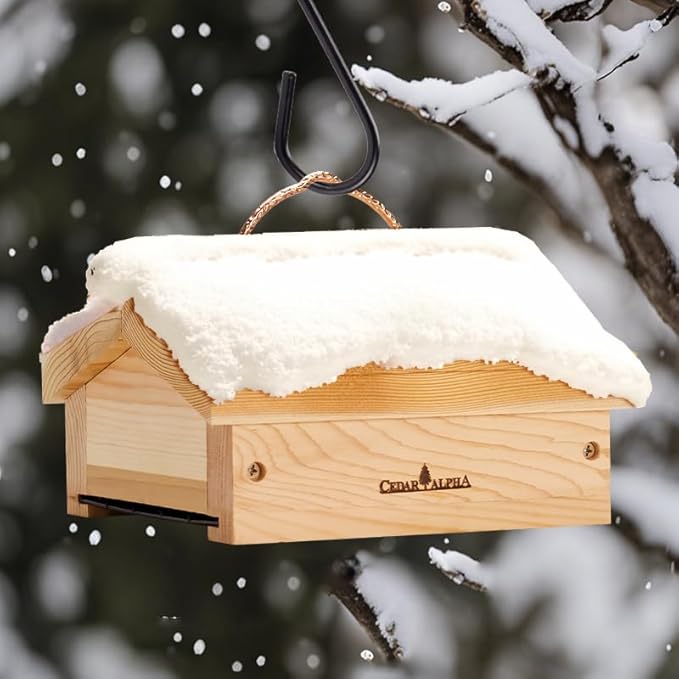 Upside Down Suet Feeder + Large Tree Hanger - Wild Bird Feeder with Rainproof Roof for Attracting Woodpeckers Nuthatches - Copper Hanger Alaskan Old Growth Red Cedar - Squirrel Proof Feeder