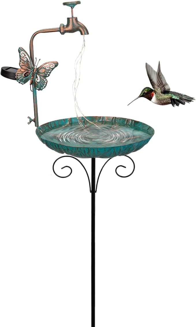 dreamysoul 50” Height Solar Bird Bath with Metal Stake Antique Bronze Faucet Solar String Light Birdbath for Outdoor Garden Decoration