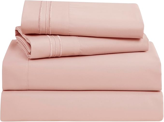 Clara Clark Bed Sheets, Premier 1800 Series Bed Sheet Set, Deep Pocket, Wrinkle, Fade, Stain Resistant, Luxury Soft Bedding Sheets & Pillowcases, Split King, Pink Beige