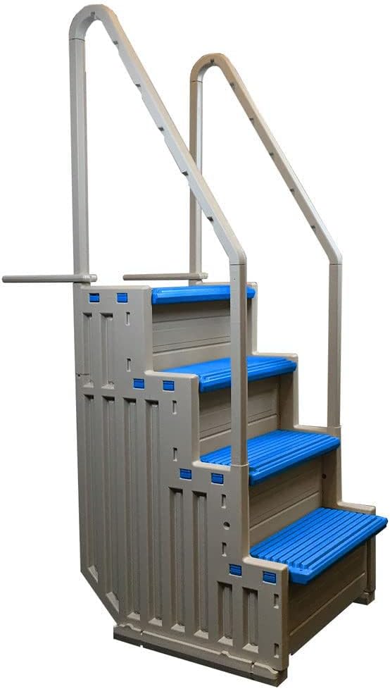 Confer Plastics Step-1X with 8000X Ground to Step Ladder: Above Ground Entry System, Dual Handrails, Slip-Resistant Steps, Supports 300 lbs, Easy Install – Made in USA, Warm Grey with Blue Step-1X