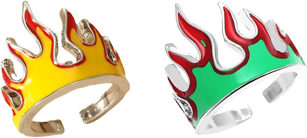 通用 2Pcs Fire Flame Finger Rings Set,Creative Fire Open Rings for Couple,Fire Crown Joint Finger Band Rings Vintage Punk Gothic Fire Ring for Women Men
