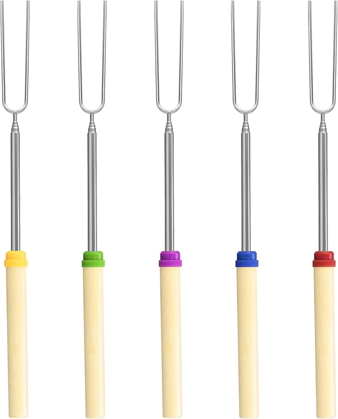 5 Pack Marshmallow Roasting Sticks Set, Extendable 32in Long Metal Barbecue Skewers with Wooden Handle, for Marshmallow, Hot Dogs, Camping, BBQ, Grill