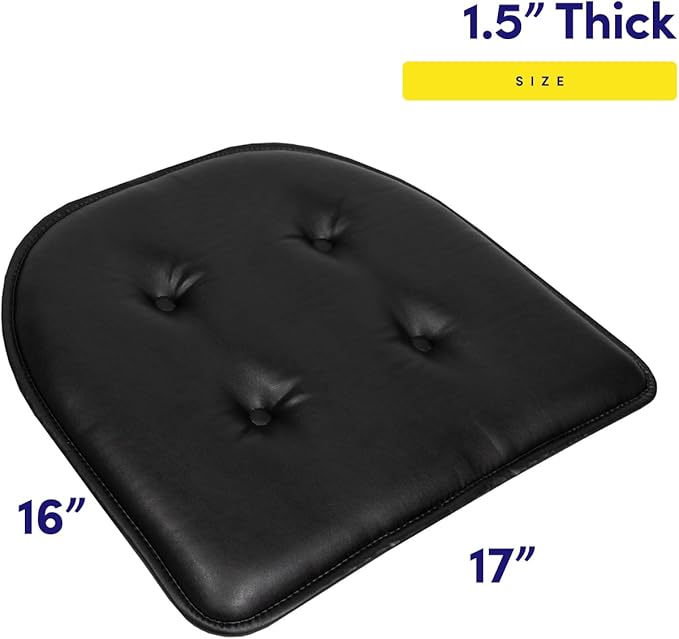 Sweet Home Collection Chair Cushion Memory Foam Pads Tufted Slip Non Skid Rubber Back U-Shaped 17" x 16" Seat Cover, 6 Pack, Faux Leather Black