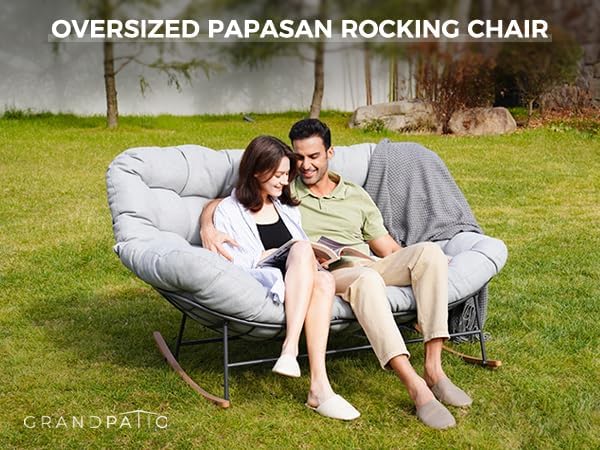 Grand patio Rocking Chair Outdoor, Oversized Papasan Rocking Chair for 2 with E-Coated Steel Frame and Thick Cushion, Comfy Loveseat Rocker for Patio Porch Deck, Grey