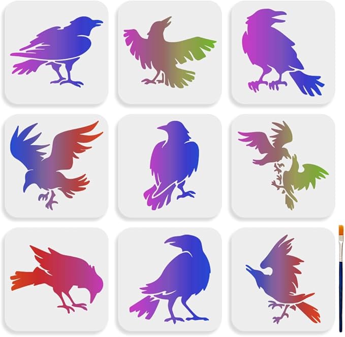 MAYJOYDIY 9pcs Crow Stencils 6×6inch Primitive Raven Stencil with Paint Brush Halloween Birds Stencil Template for Crafts Wood Wall Fabric Paper Wall Furniture