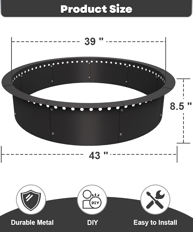 39 Inch Smokeless Fire Pit Ring Insert Outdoor, Heavy Duty Metal Steel DIY Firepit Rim Liner Round Campfire Rings for Outside Wood Burning Above or In-Ground, Black