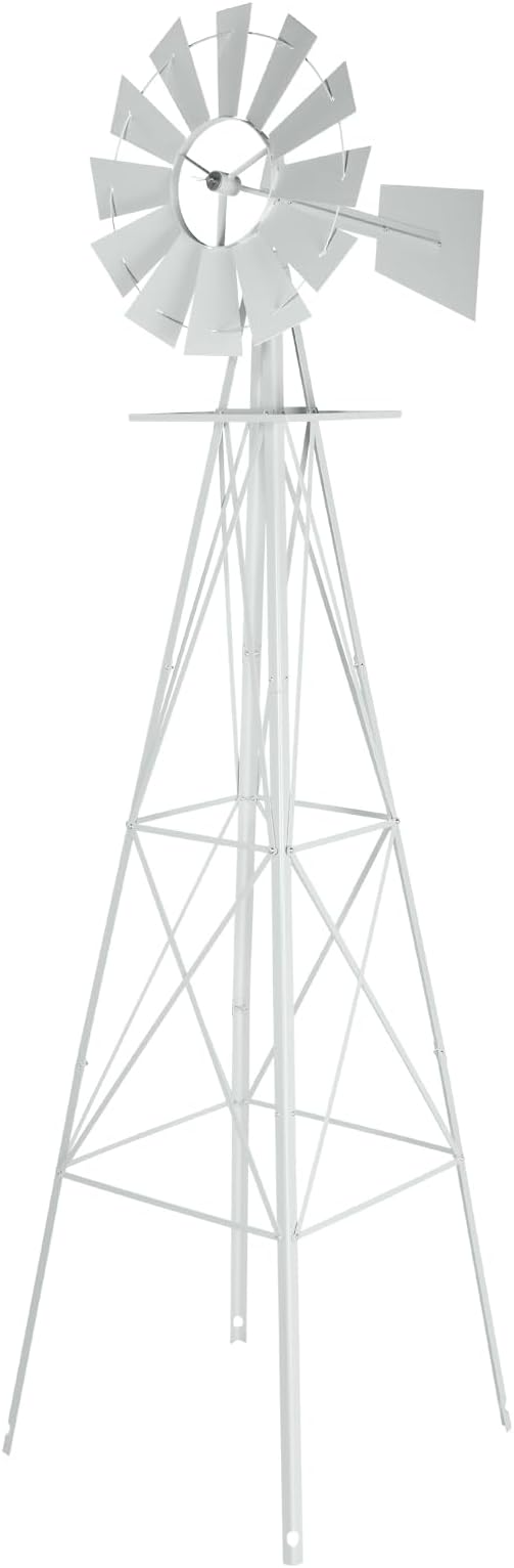 VINGLI 8FT Ornamental Windmill Backyard Garden Decoration Weather Vane, Heavy Duty Metal Wind Mill w/ 4 Legs Design,White