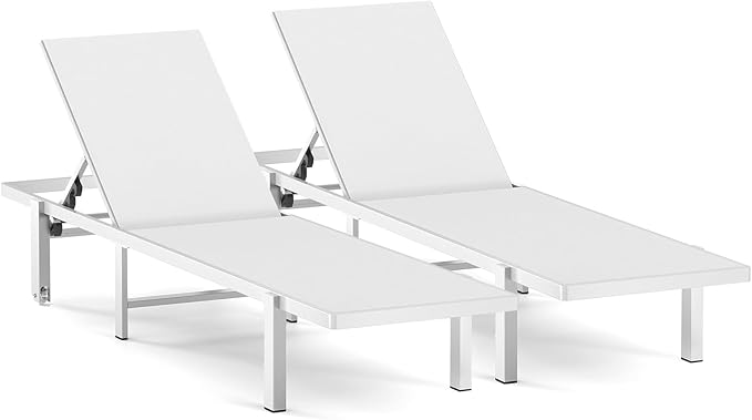 Ciokea Patio Chaise Lounge Chair Set of 2, Outdoor Lounge Chairs with Wheels, 5-Position Adjustable Sun Loungers for Pool, Deck, Beach, White