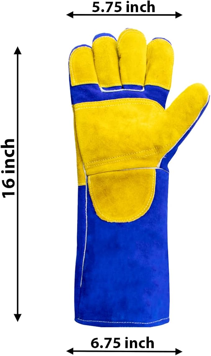 Welding/BBQ Leather Gloves 16 Inches,932℉, Stick Welding Gloves Heat/Fire Resistant, Mitts for Oven/Grill/Fireplace/Furnace/Stove/BBQ/16 inches Extra Long Sleeve (16 Inches, Blue-Yellow)
