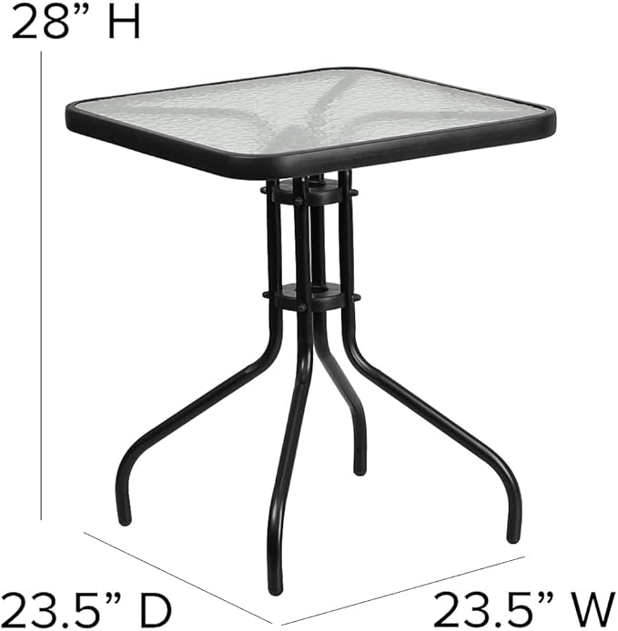 Flash Furniture Lila 23.5'' Square Glass Metal Table with 2 Black Metal Aluminum Slat Stack Chairs