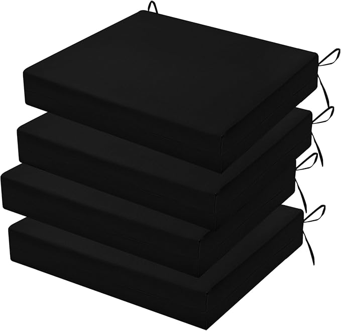 Outdoor Chair Cushions Set of 4, 18.5 x 16 Inch Patio Chair Cushions, Water Resistant, Non-Slip Ties (Black)