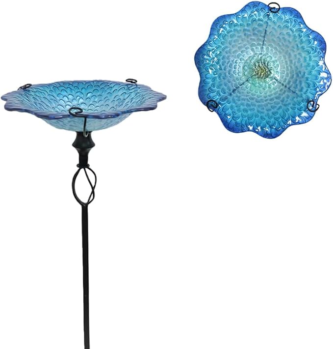 HONGLAND Bird Baths for Outdoors, Glass Birdbaths Outdoor Birdfeeder with Metal Stake (Navy Blue with Stake)