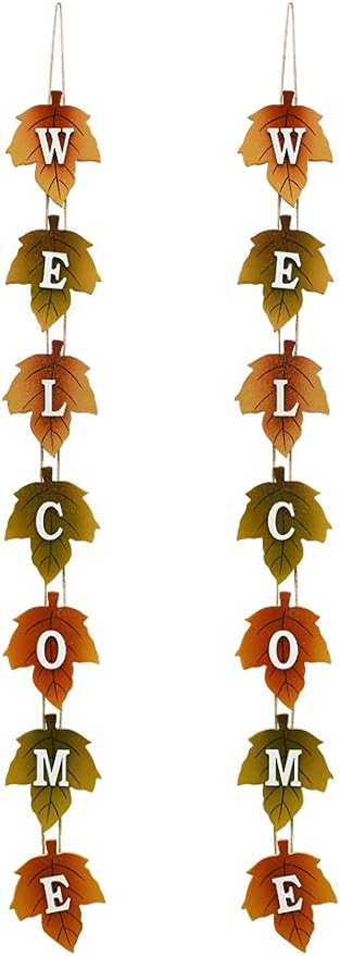 Attraction Design Wood Autumn Welcome Sign Fall Front Door Decor, Rustic Hanging Welcome Door Sign for Autumn Harvest Thanksgiving Halloween Door Wall Decoration Indoor Outdoor 4.25"X36" (2)