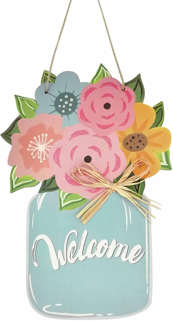 Spring Flower Door Sign Mason Jar Wood Hanger Floral Front Door Porch Spring Summer Mother's Day Farmhouse Decor
