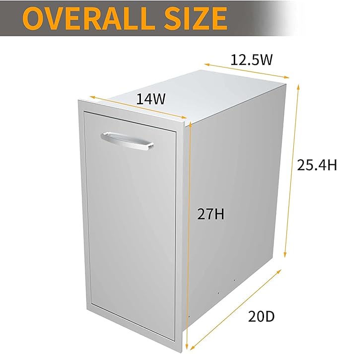 Built-in Single Trash Drawer 14" W x 27" H x 20" D, Pull-Out Tray Outdoor Kitchen Stainless Steel Trash Drawer Storage One Trash Bin for BBQ Island Grill Station