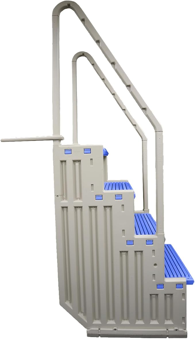 Confer Plastics Step-1X Above Ground Pool Entry System – Dual Handrails, Slip-Resistant Steps, Supports 400 lbs, Easy Installation, Warm Grey with Blue Treads, Made in USA