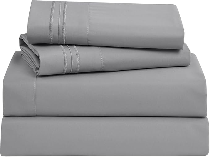 Clara Clark Bed Sheets, Premier 1800 Series Bed Sheet Set, Deep Pocket, Wrinkle, Fade, Stain Resistant, Luxury Soft Bedding Sheets & Pillowcases, Full, Frost Grey