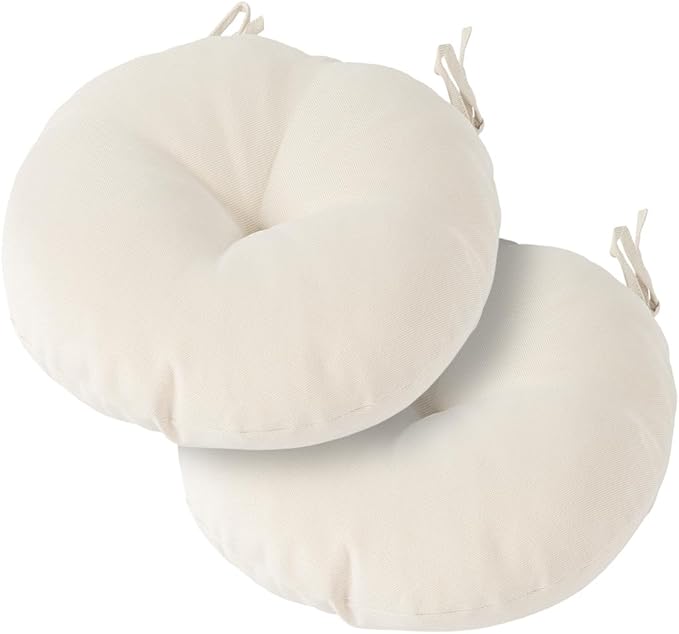 Magpie Fabrics Outdoor 15"x15"x4" Round Bistro Seat Cushions with Ties Set of 2, Tufted Waterproof Patio Floor Chair Pads for Home Garden Balcony Kitchen Office Porch, Recycled Cream White