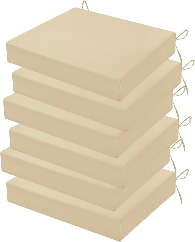 Outdoor Chair Cushions Set of 6, 18.5 x 16 Inch Patio Chair Cushions for Outdoor Furniture, Water Resistant, Non-Slip Ties (Beige)