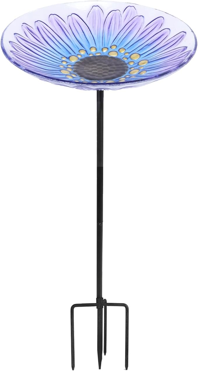 Bird Baths for Outdoors, Glass Birdbaths Outdoor Garden Birdfeeder with Metal Stake for Lawn Yard Decor, 24 Inch Height, Purple